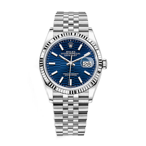 Rolex Datejust Bright Blue Fluted Motif Dial Fluted Bezel 36mm 126234