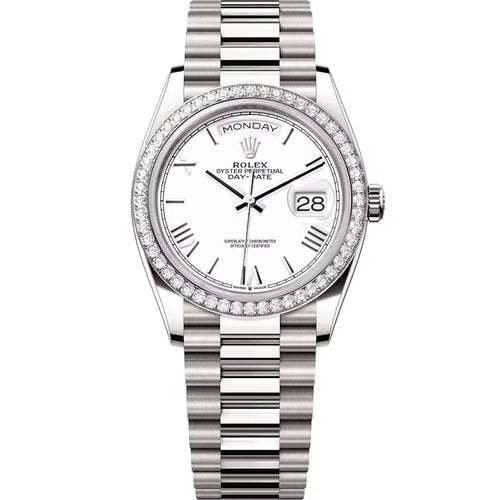 Rolex Day-Date White Roman Numeral Dial Diamond Bezel 36mm 128349RBR