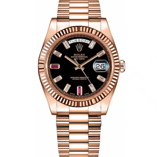 Rolex Day Date 41 Rose Gold Black Ruby Dial Watch | 218235 | FCT