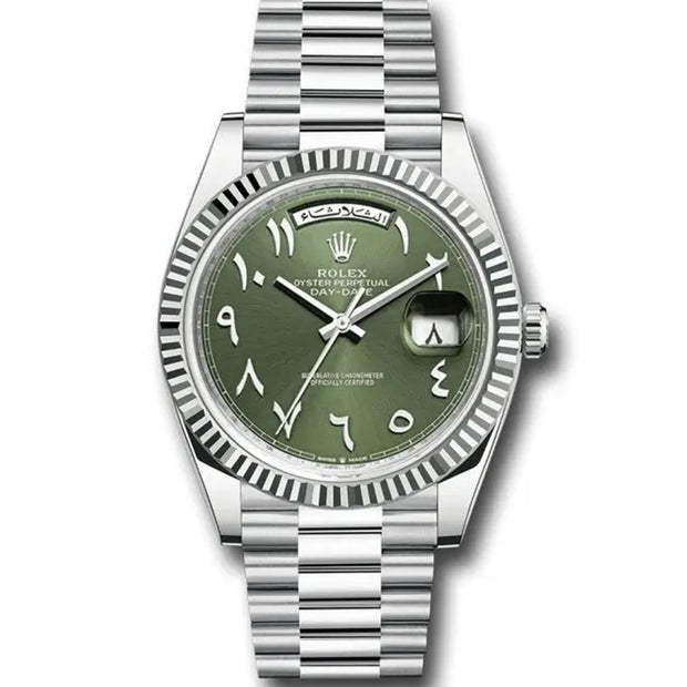 Rolex Day-Date 40 Platinum Presidential 228206 Olive Green Arabic Dial