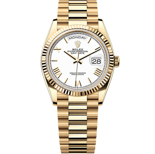 Rolex Day-Date 36mm Presidential 128238 Fluted Bezel White Roman Dial