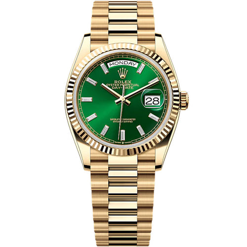 Rolex Day-Date 36mm Presidential 128238 Fluted Bezel Green Baguette Diamond Dial