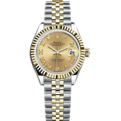 Rolex Lady-Datejust Champagne Roman Numeral Dial Fluted Bezel 28mm 279173
