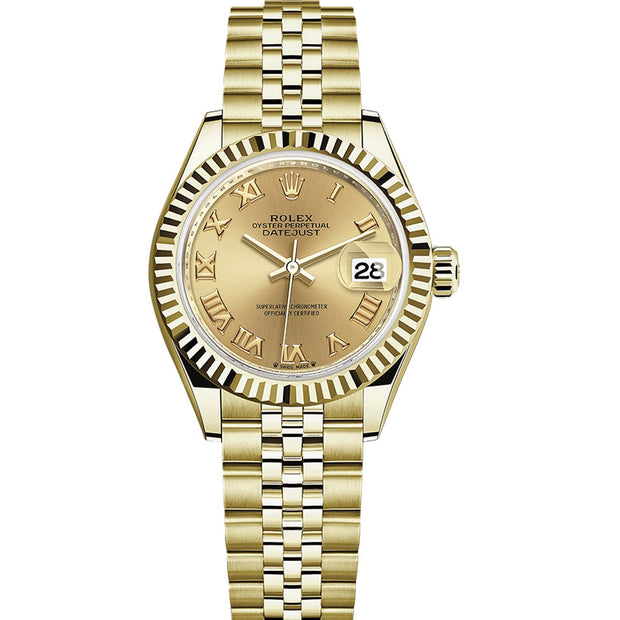 Rolex Lady-Datejust Champagne Roman Numeral Dial Fluted Bezel 28mm 279178