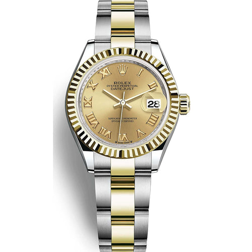 Rolex Lady-Datejust Champagne Roman Numeral Dial Fluted Bezel 28mm 279173