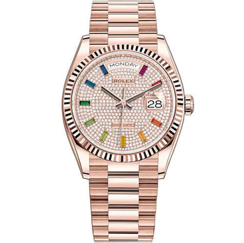Rolex Day-Date Rainbow Baguette Pave Fluted Bezel 36mm 128235