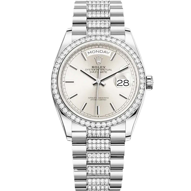 Rolex Day-Date 36 White Gold Diamond Bezel Silver Dial 128349RBR
