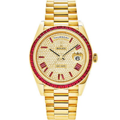 Rolex Day-Date 40 Yellow Gold Diamond/Ruby Roman Dial Ruby Bezel 228398TRU