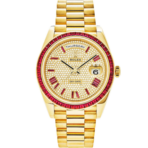Rolex Day-Date 40 Yellow Gold Diamond/Ruby Roman Dial Ruby Bezel 228398TRU