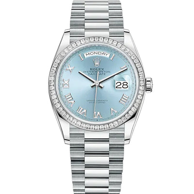 Rolex Day-Date36 128396TBR Platinum Ice Blue Dial Diamond Bezel