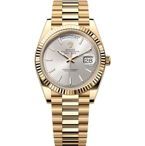 Rolex Day-Date 40 Presidential 228238 Fluted Bezel Silver Stick Dial