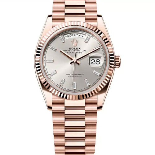 Rolex Day-Date Silver Baguette Fluted Bezel 36mm 128235