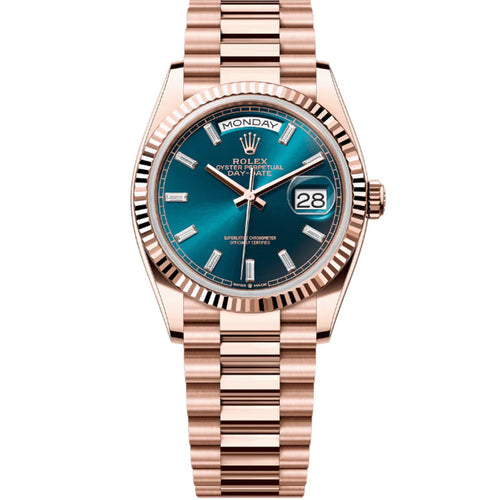 Rolex Day-Date 36 Blue Baguette Diamond Dial  Fluted Bezel 128235