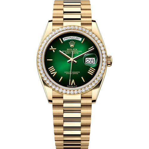 Rolex Day-Date Green Ombre Diamond Dial Diamond Bezel 36mm 128348RBR