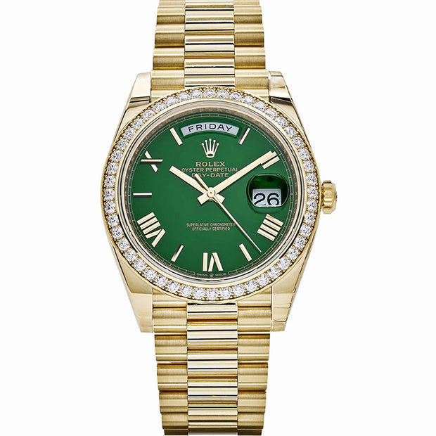 Rolex Day-Date 40 228348RBR Yellow Gold Green Roman Numeral Dial Diamond Bezel