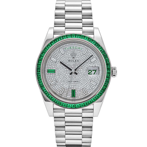 Rolex Day-Date 40 228396TEM Platinum Diamond Dial Emerald Bezel