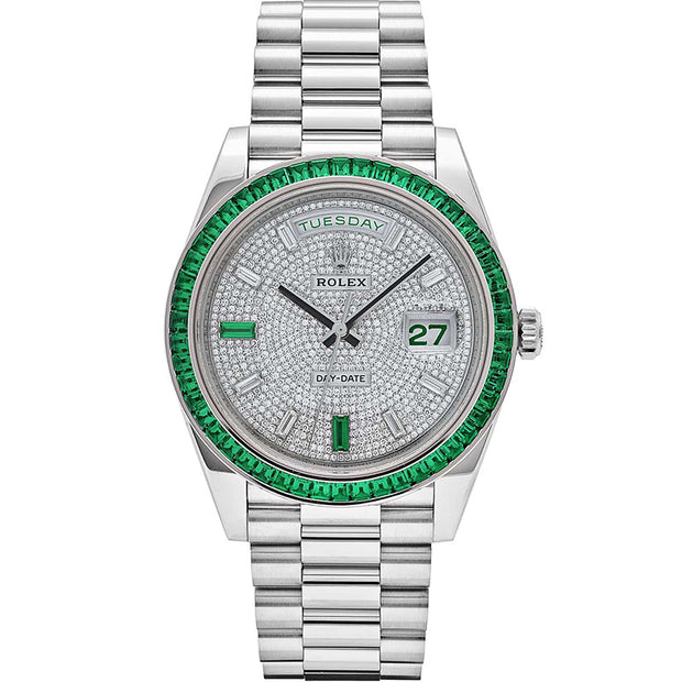 Rolex Day-Date 40 228396TEM Platinum Diamond Dial Emerald Bezel