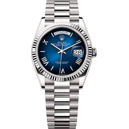 Rolex Day-Date 36 White Gold Blue Ombre Roman Numeral Dial 128239