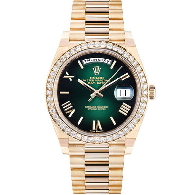 Rolex Day-Date 40 228348RBR Yellow Gold Green Ombre Roman Numeral Dial Diamond Bezel