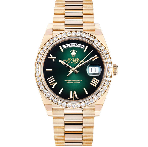 Rolex Day-Date 40 228348RBR Yellow Gold Green Ombre Roman Numeral Dial Diamond Bezel