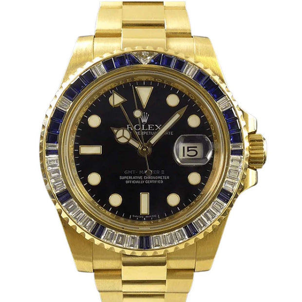 Rolex GMT Master II Yellow Gold Sapphire & Diamond Bezel Black Dial 116748SA