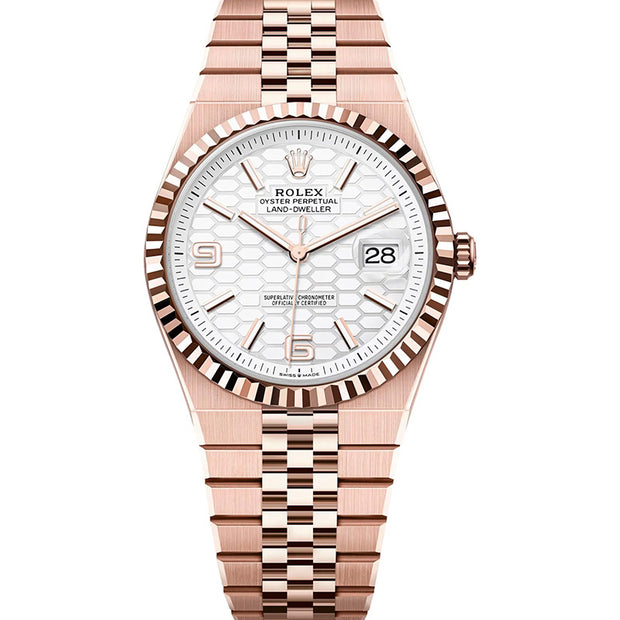 Rolex Land-Dweller 127235 Rose Gold 40mm Intense White Honeycomb Motif Dial
