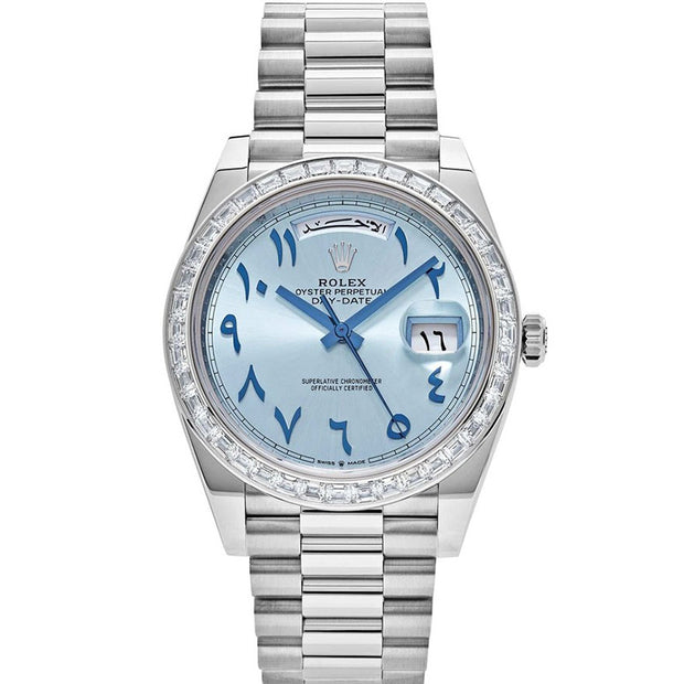 Rolex Day-Date 40 228396TBR Platinum Ice Blue Arabic Dial Diamond Bezel