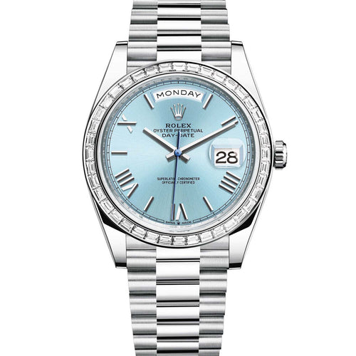 Rolex Day-Date 40 Platinum Diamond Bezel Ice Blue Roman Dial 228396TBR