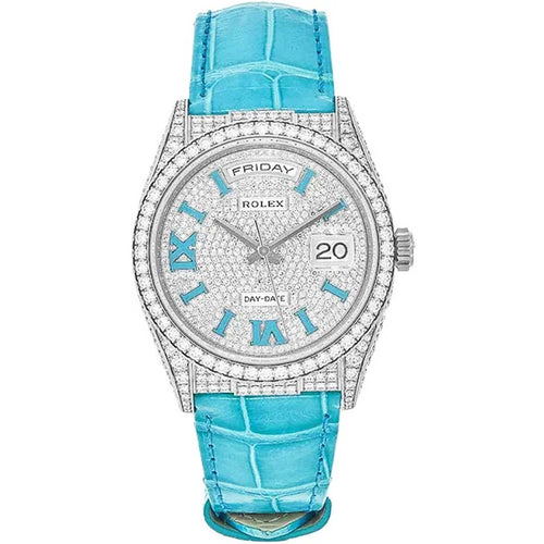 Rolex Day-Date 36mm White Gold Diamond Pave Roman Numeral Dial 128159RBR