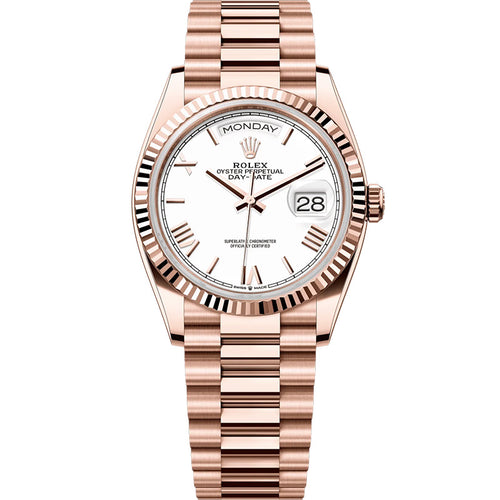 Rolex Day-Date White Roman Numeral Fluted Bezel 36mm 128235