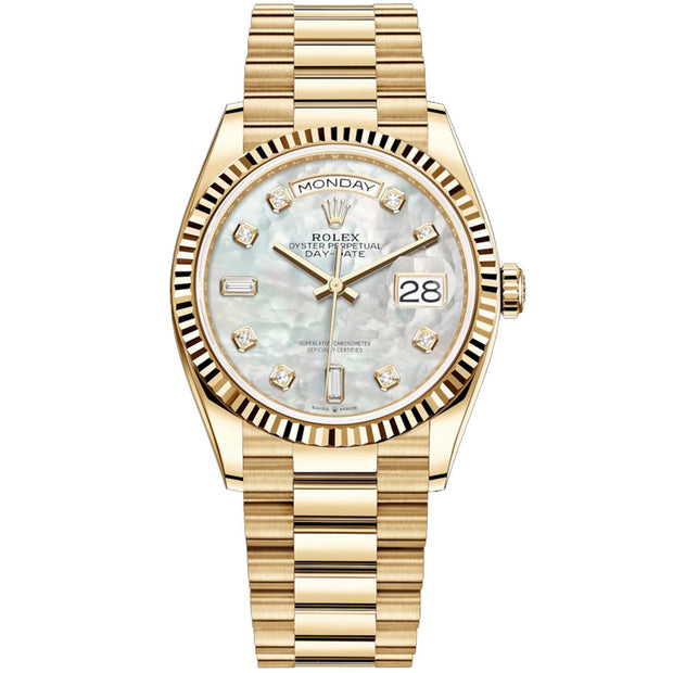 Rolex Day-Date 36mm Presidential 128238 Fluted Bezel White Mother Of Pearl Diamond Dial