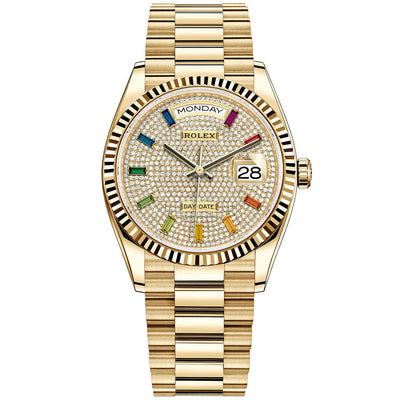 Rolex Day-Date 36mm Presidential 128238 Fluted Bezel Diamond Paved Dial