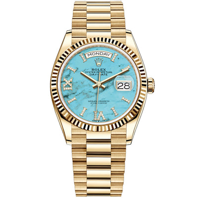Rolex Day-Date 36mm Presidential 128238 Fluted Bezel Turquoise Diamond Dial