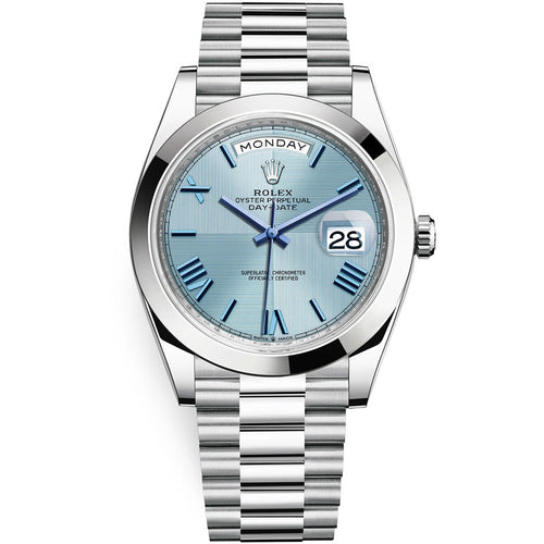 Rolex Day-Date 40 Platinum Presidential 228206 Smooth Bezel Ice Blue Quadrant Motif Dial