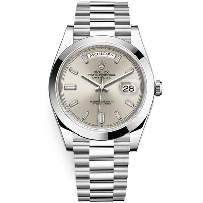 Rolex Day-Date 40 Platinum Presidential 228206 Smooth Bezel Baguette Diamond Silver Dial