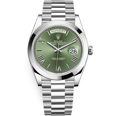 Rolex Day-Date 40 Platinum Presidential 228206 Smooth Bezel Olive Green Dial