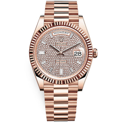 Rolex Day-Date 40 Presidential 228235 Fluted Bezel Baguette / Pave Diamond Dial
