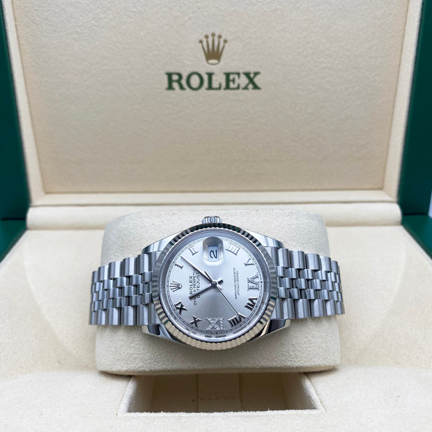 Rolex Datejust 36mm Fluted Bezel Jubilee Bracelet Silver Diamond 6 and 9 Hour Marker Dial