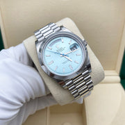 Rolex Day-Date 40 Platinum Presidential 228206 Smooth Bezel Baguette Diamond Ice Blue Dial Pre-Owned