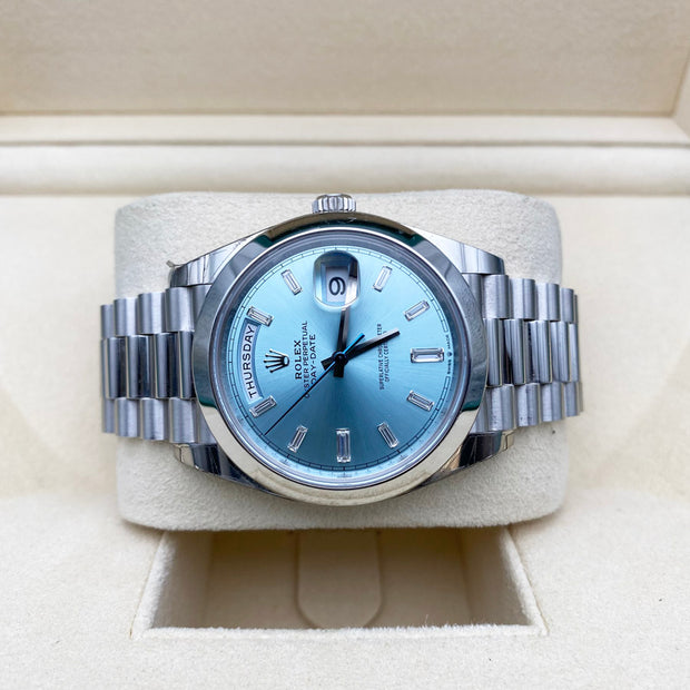 Rolex Day-Date 40 Platinum Presidential 228206 Smooth Bezel Baguette Diamond Ice Blue Dial Pre-Owned