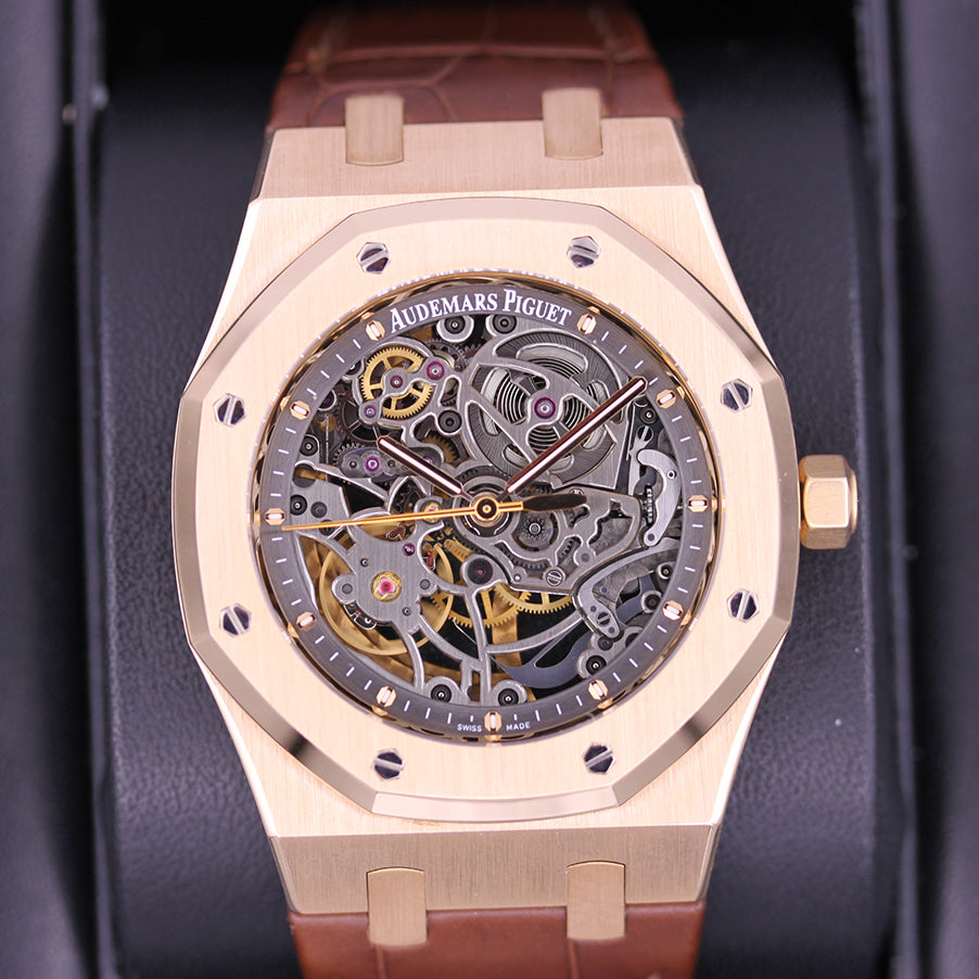 Audemars Piguet 15305OR.OO.D088CR.01 Royal Oak Openworked Selfwinding 39mm  Black Skeleton Rose Gold Leather