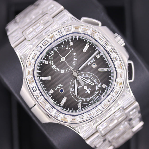 Patek Philippe Nautilus Travel Time Chronograph 40mm 5990/1A Black Dial Custom Baguette Diamond Setting Pre-Owned
