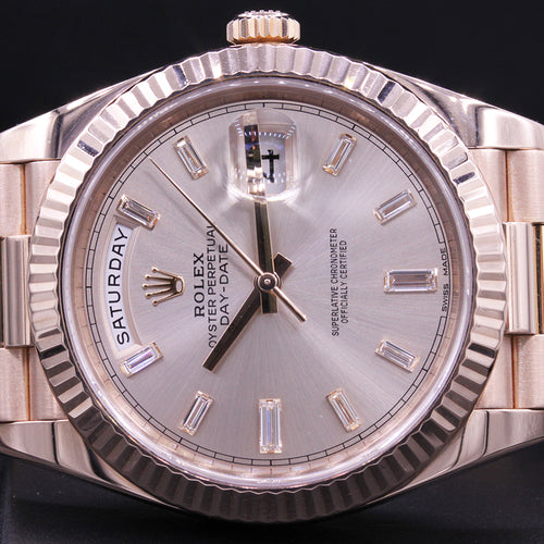 Rolex Day-Date 40 Presidential 228235 Fluted Bezel Baguette Diamond Sundust Dial Pre-Owned