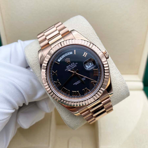 Rolex DayDate II Presidential 218235 Fluted Bezel Black Roman Dial Pre-Owned