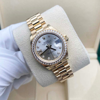 Rolex Lady-Datejust 28mm Diamond 6' Silver Dial Diamond Bezel Presidential 279138RBR