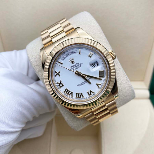 Rolex DayDate II Presidential 218238 Fluted Bezel White Roman Dial Pre-Owned