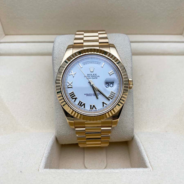Rolex DayDate II Presidential 218238 Fluted Bezel White Roman Dial Pre-Owned