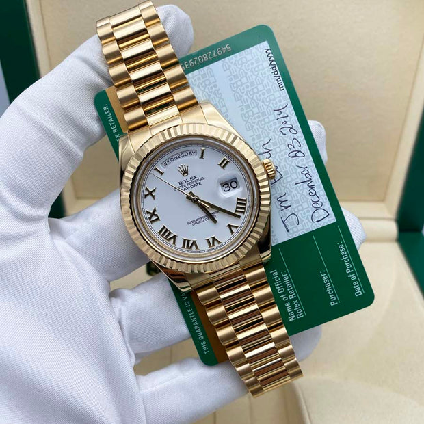 Rolex DayDate II Presidential 218238 Fluted Bezel White Roman Dial Pre-Owned