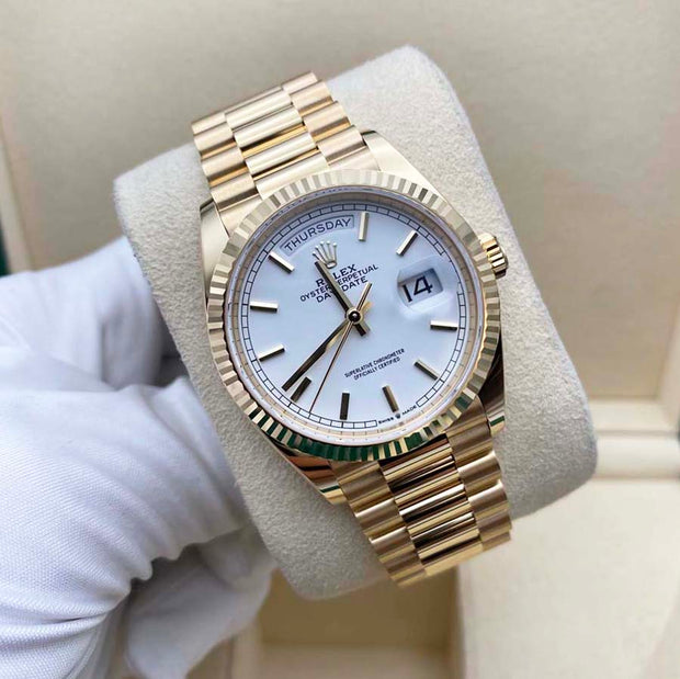 Rolex Day-Date 36mm Presidential 128238 Fluted Bezel White Dial