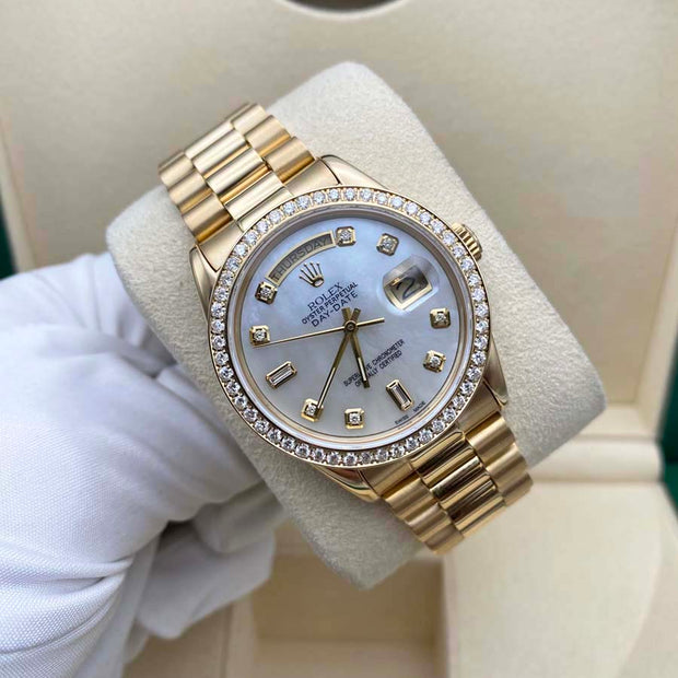Rolex Day-Date 36mm 18038 Single Click Custom Mother Of pearl Diamond Dial / Diamond Bezel Pre-Owned